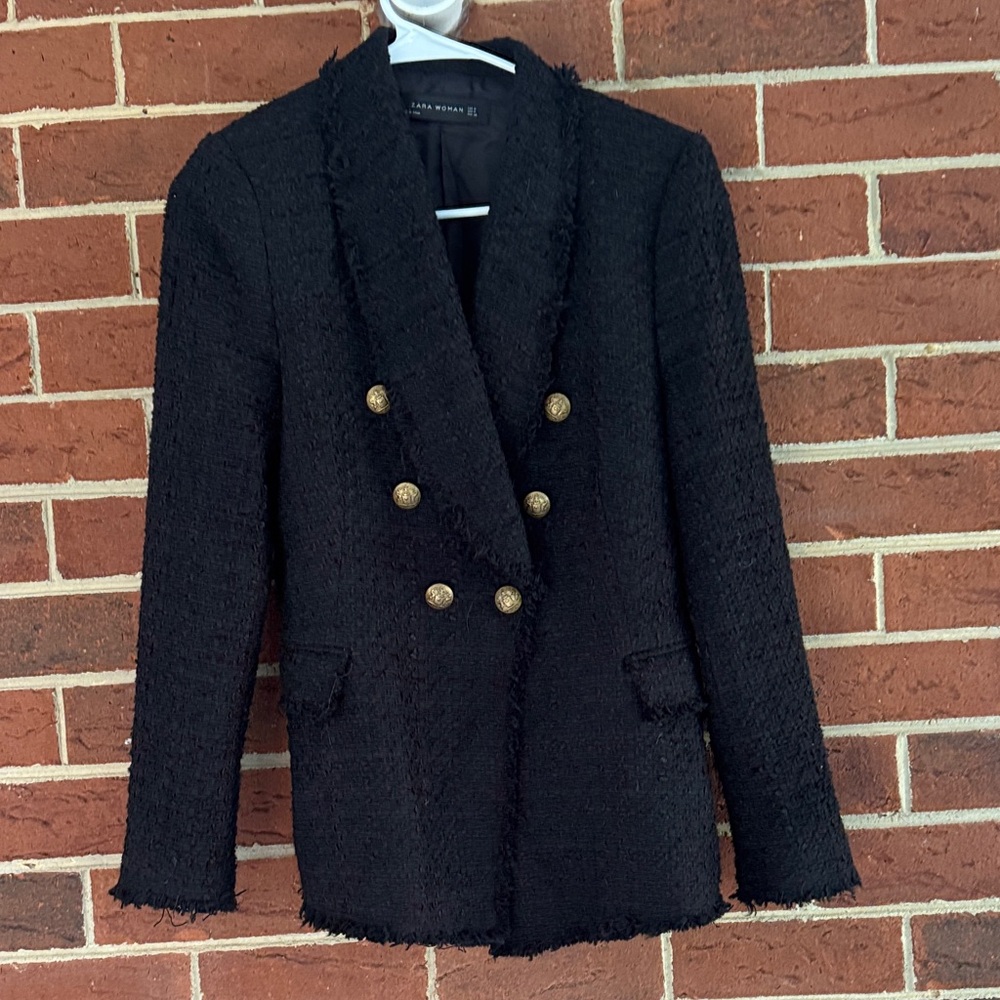 Zara Black Textured Blazer with Gold Buttons